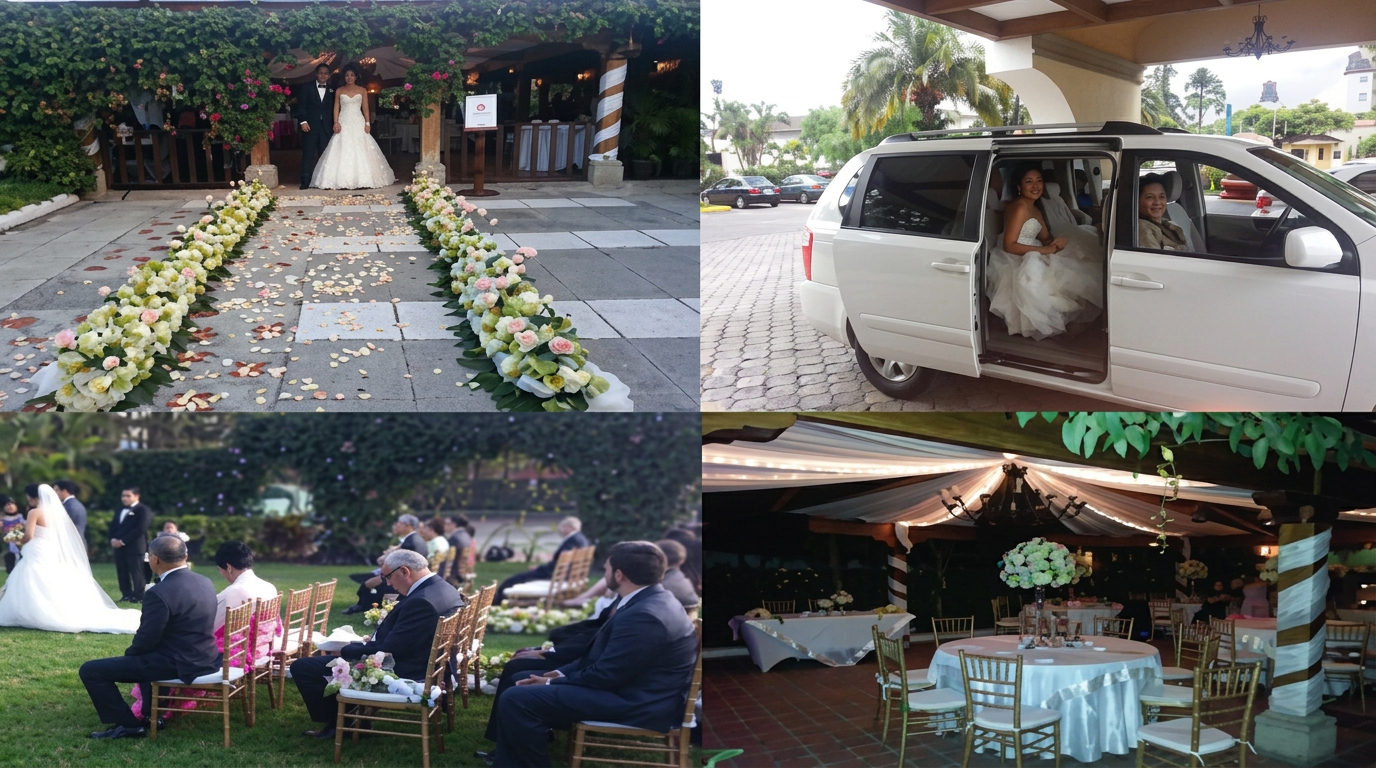 Montajes de boda: pasillo decorado, novia en auto y recepción al aire libre