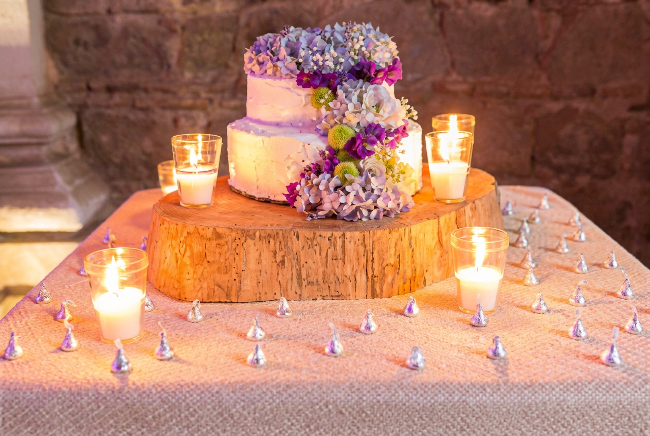 Pastel de boda con flores moradas rodeado de velas